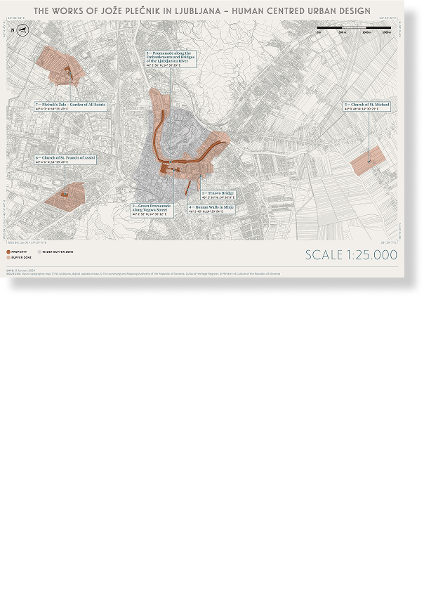 Zemljevid območja svetovne dediščine Plečnikova Ljubljana (2023)